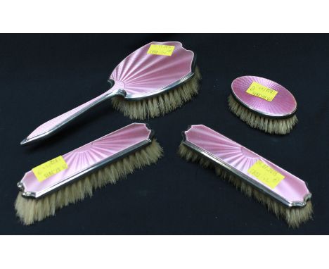 A George V silver and pink enamel dressing table set, hallmarked Birmingham 1937.