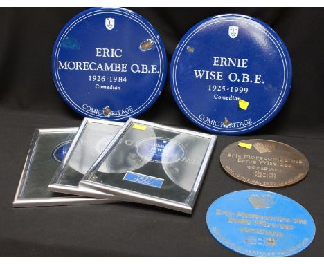A pair of 'Blue Plaques' for Morecambe & Wise, of circular form in enamel and inscribed 'Eric Morecambe OBE 1926-1984 Comedia