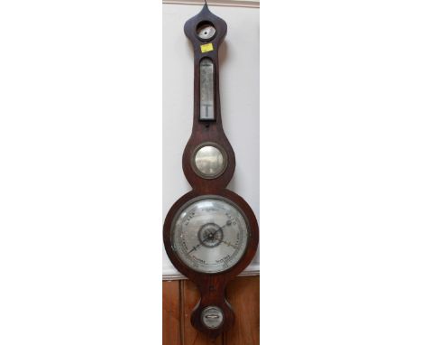 An early 19th Century rosewood five glass banjo barometer with hygrometer thermometer, convex mirror and spirit level, decora