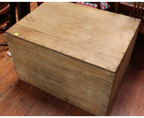 A large early 20th century pine blanket trunk, with three internal trays, 88 cm wide, 66 cm deep, 56 cm high.