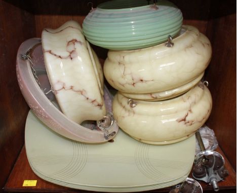 SECTION 54.  A pair of cream glass 20th Century ceiling light shades with chromium fittings and five other lamp shades.