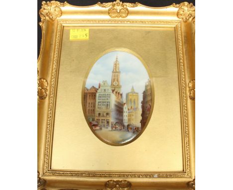 A Royal Worcester painted oval plaque 'The Cathedral Antwerp', signed by Raymond Rushton, Inscribed and puce mark to reverse 