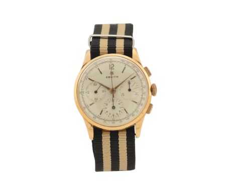 Zenith, case No. 137601, Ref. 19529, 18K yellow gold, chronograph wristwatch with rectangular button chronograph. Made in the