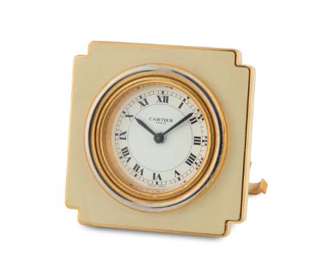 Cartier, "Paris", alarm gilt brass table clock. Made in the 1990's. Gilt brass frame case, white dial with printed Roman nume