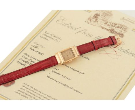 Patek Philippe, movement No. 970061, 18K pink gold, rectangular wristwatch. Made in 1947, accompanied by the Exctract from th