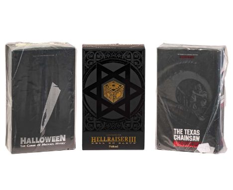 Three Threezero 1:6 scale collectible figures, 'Leatherface' (Texas Chainsaw Massacre), 'The Curse of Michael Myers' (Hallowe