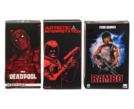 A Sideshow Collectibles Marvel 'Deadpool' 1:6 scale figure, together with a Threezero 'John Rambo' 1:6 scale figure, and an '