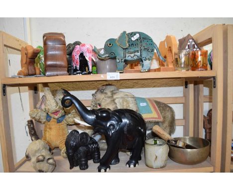 Quantity of elephant figures in wood and ceramic, also two elephant soft toys