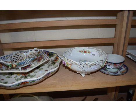 Quantity of ceramic items including a shaped European porcelain bowl with applied floral decoration, further small Dresden bo