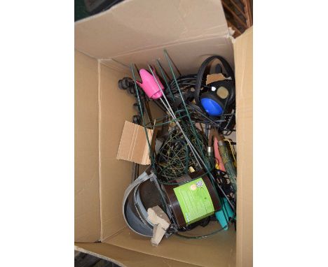 A box of assorted garden and workshop tools