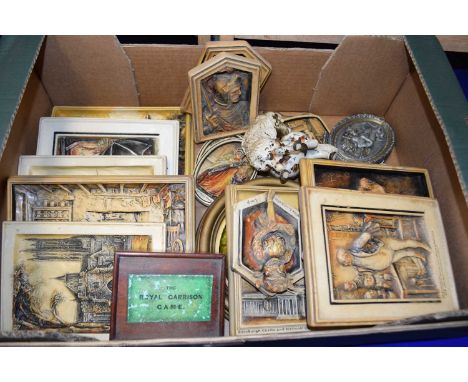 Quantity of carved Dickens figures and other items including a small box entitled The Royal Garrison Game and ceramic model o