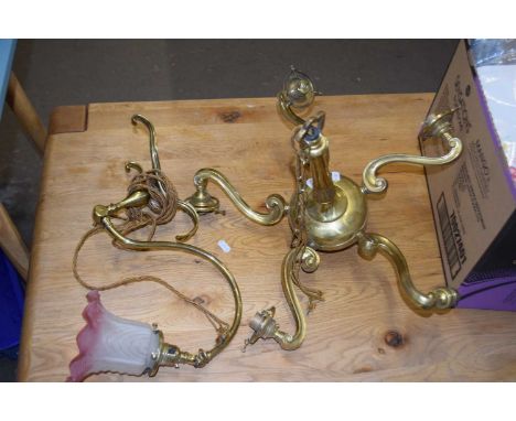 Five branch electric ceiling lamp together with a single swan necked brass wall lamp with pink and white frosted shade (2)