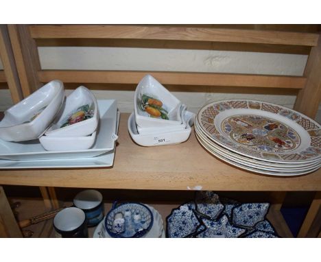 Group of ceramic trays with painted fruit designs and set of Spode plates