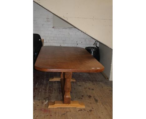 An original large four plank oak dining table by Albert (eagleman) Jeffray with the trademark eagle on the base of one leg. A