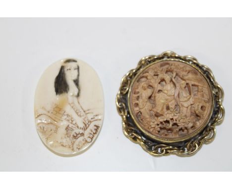 A yellow metal carved Chinese brooch &amp; South Sea Islands carved bone netsuke 