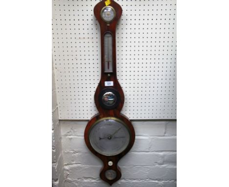 A 1830s mahogany 'onion topped' five function mercurial barometer/thermometer, with convex mirror, hydrometer and level, 96 c
