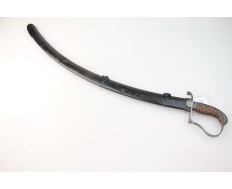 A 1796 pattern English cavalry sabre and scabbard, with double fullered blade, fitted a P shaped knuckle bow and wire bound g