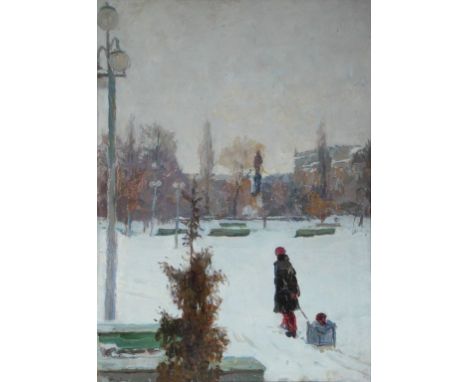 Russian school, 20th century A figure pulling a child on a sled in a park oil on paper, indistinctly signed and dated 1978 on