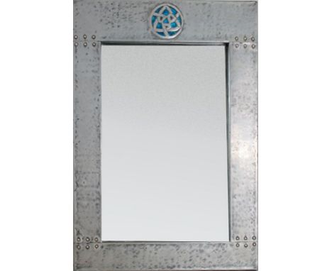 A Liberty and Co. pewter framed rectangular wall mirror, with blue glass set knotted roundel over a plain plate, 49 x 34.5 cm