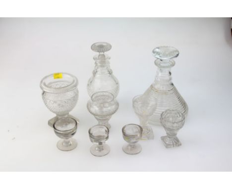 A small collection of early 19th century and other glass, including a covered jar with fold-over rim, two cordial/ale glasses