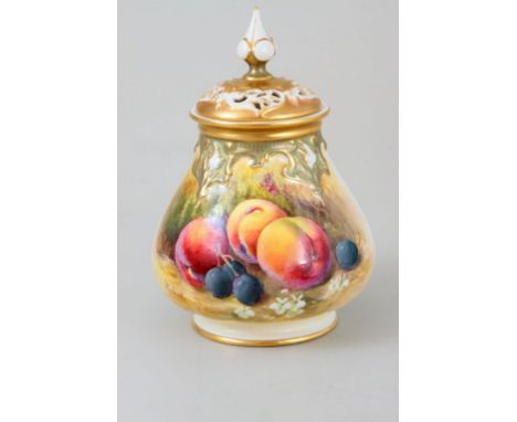 A Royal Worcester pot pourri, of baluster form, having spear finial and pierced cover, the body typically decorated with peac