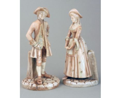 Hadley, a pair of 19th century Royal Worcester blush figures of a gallant and his companion, one signed, each numbered 1052, 