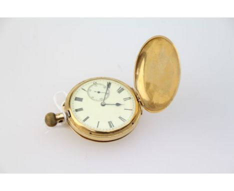 An 18ct gold hunting cased pocket watch, white enamel dial with Roman numerals and subsidiary seconds at six o'clock, keyless