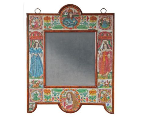 An important, unusually large Charles II yew wood and beaded wall mirror, with original plate, the bead work depicting Charle
