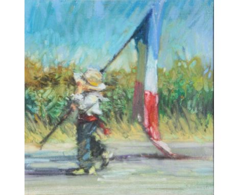 R. A. Palmer (20th century) 'Follow me' (A boy carrying a French flag at the St. Aubin Festival) oil on board, signed lower r