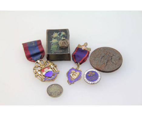 A silver gilt and enamel Mark Mason jewel, together with an Oddfellows jewel, Lusitania medallion, silver Royal Artillery rin