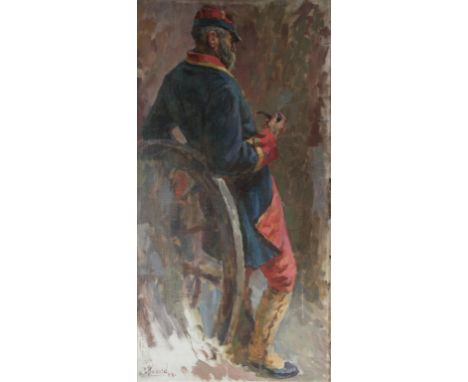 Russian school, 19th century A study of a soldier, leaning against a cannon wheel and holding a pipe oil on canvas, indistinc