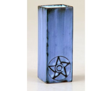 A 1970s Troika  of Cornwall square section pottery slab vase, with incised sun symbol on a blue and titanium white streaked g