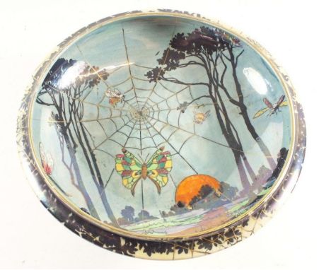 A Grimwades Art Deco Byzanta Ware lustre comport decorated with insects on a spiderweb background, 13cm high, 24cm wide.