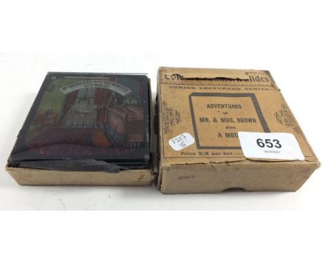 A Magic Lantern slide coloured story set entitled Adventures of Mr and Mrs Brown with a mouse.  From the Primus Junior Lectur