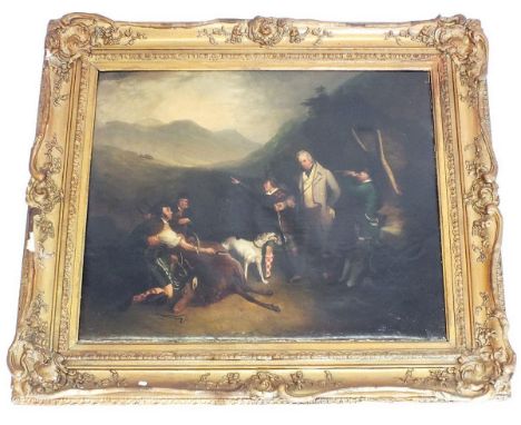 A 19th century oil on canvas Scottish hunting scene with stags and dogs in the manner of David Wilke, in gilt frame, 62 x 74c