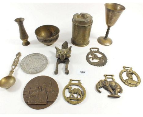 Various brassware including horse brasses, fox door knocker etc. 