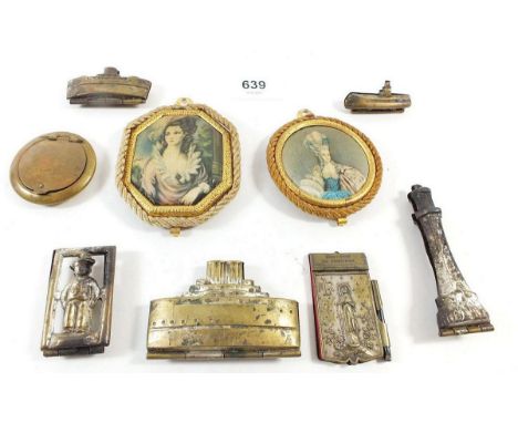 Five antique/vintage small chocolate moulds, a brass compact, a mini Lourdes souvenir notepad and two miniature silk portrait