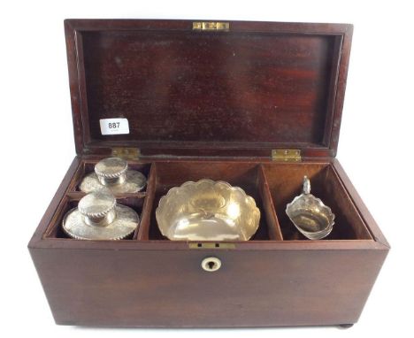 A 19th century tea caddy with fitted interior including two silver plated on copper mixing bowls and jug 