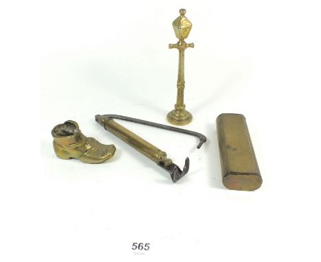 A brass trench art cigarette case with striker and various brass items 