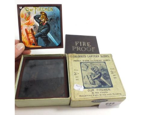 A Magic Lantern slide coloured story set entitled Our Firemen. From the Primus Junior Lecturers series, complete and in origi
