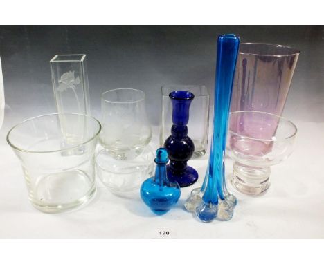 A collection of glass vases, a candlestick and a scent bottle 