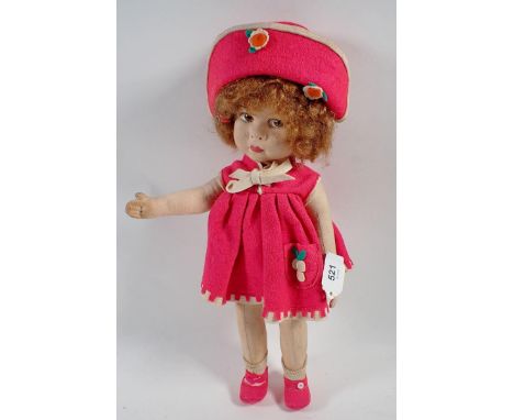 A Lenci doll with pink felt hat, dress and shoes, 41cm, one button on shoe missing 