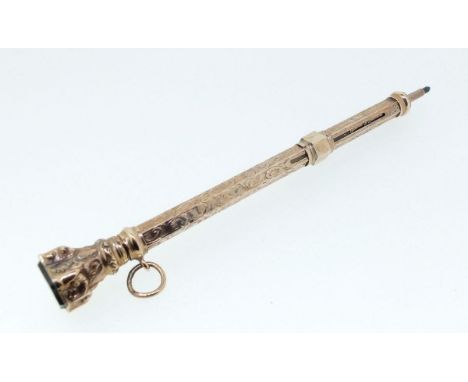 A 9ct gold propelling pencil with engraved decoration and bloodstone set finial, cased