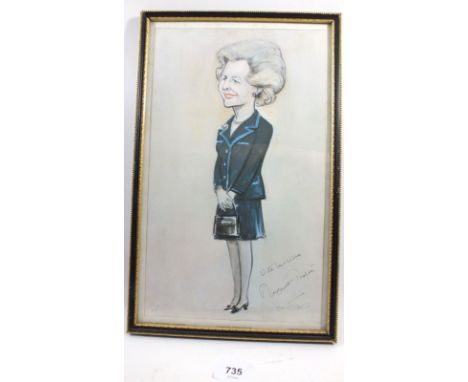 A Tim Holder caricature print of Margaret Thatcher signed by the artist and Mrs Thatcher, 35 x 21cm 