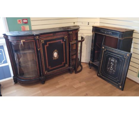 A French 19th century ebonised walnut credenza, with two convex glazed side doors, one lacking glass, figural painted Sèvres 