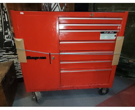 A red Snap On tool box, H-99cm, W-102cm.