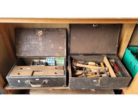 Two wooden toolboxes each containing a collection of carpenters tools and consumables to include, wood screws and wall fixing