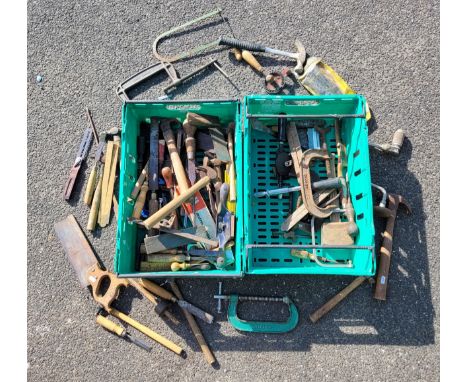 Two boxes of carpenters hand tools. 