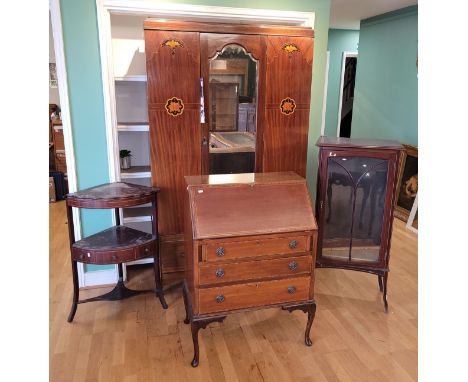 A group of Edwardian furniture items, to include; a single wardrobe H196cm, W116cm, D45cm, a mahogany inlaid bureau, a mahoga