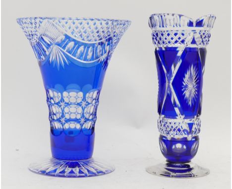 A 20th century Cobalt cut glass vase, blue Bohemian crystal, hobstar decoration with star cut base, 20cm tall, together with 